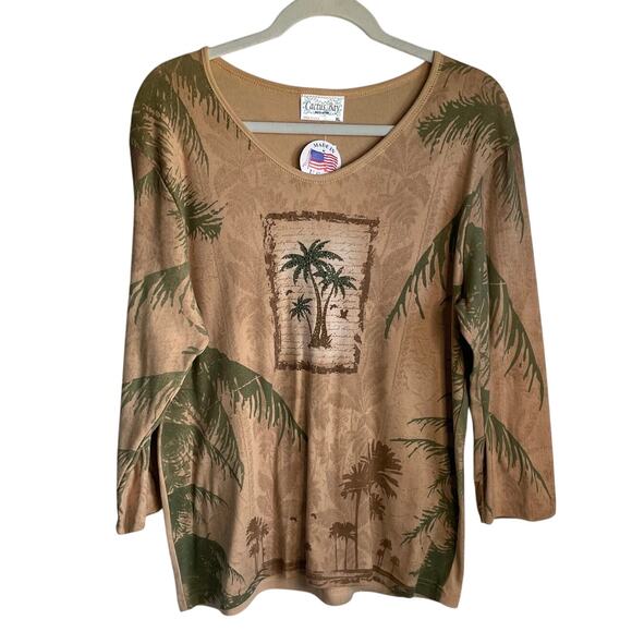 Cactus Bay Tropical Top Palm Tree Rhinestone Y2K Tan 3/4 Sleeves USA Sz XL NWT - Picture 1 of 10